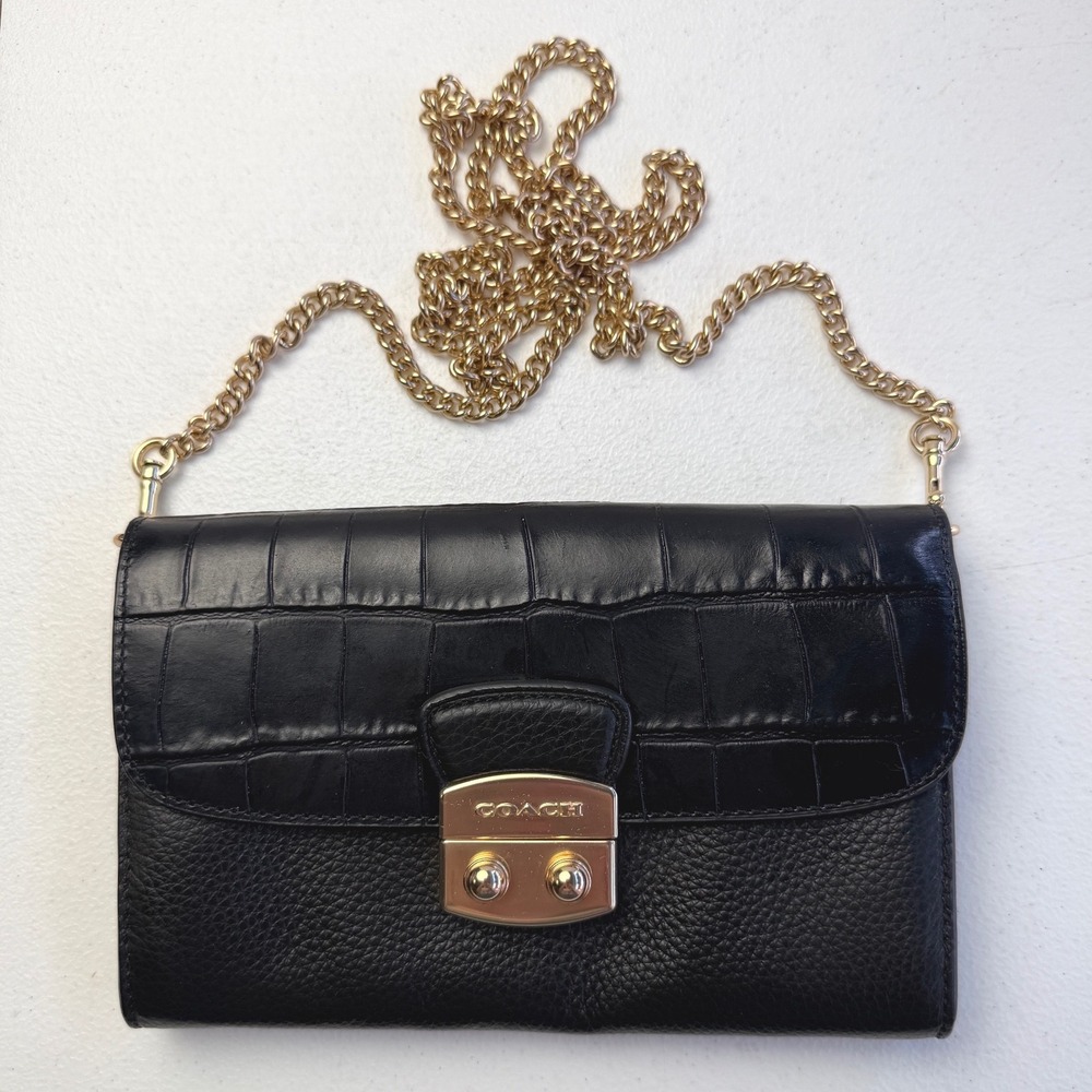 Coach‎ Black Leather Croc Embossed Chain Crossbody Bag Gold Turnlock F55617